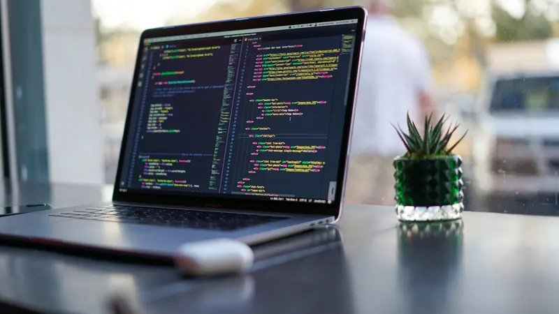 Notebook mostrando código em um editor de tema escuro sobre uma mesa, ao lado de uma plantinha