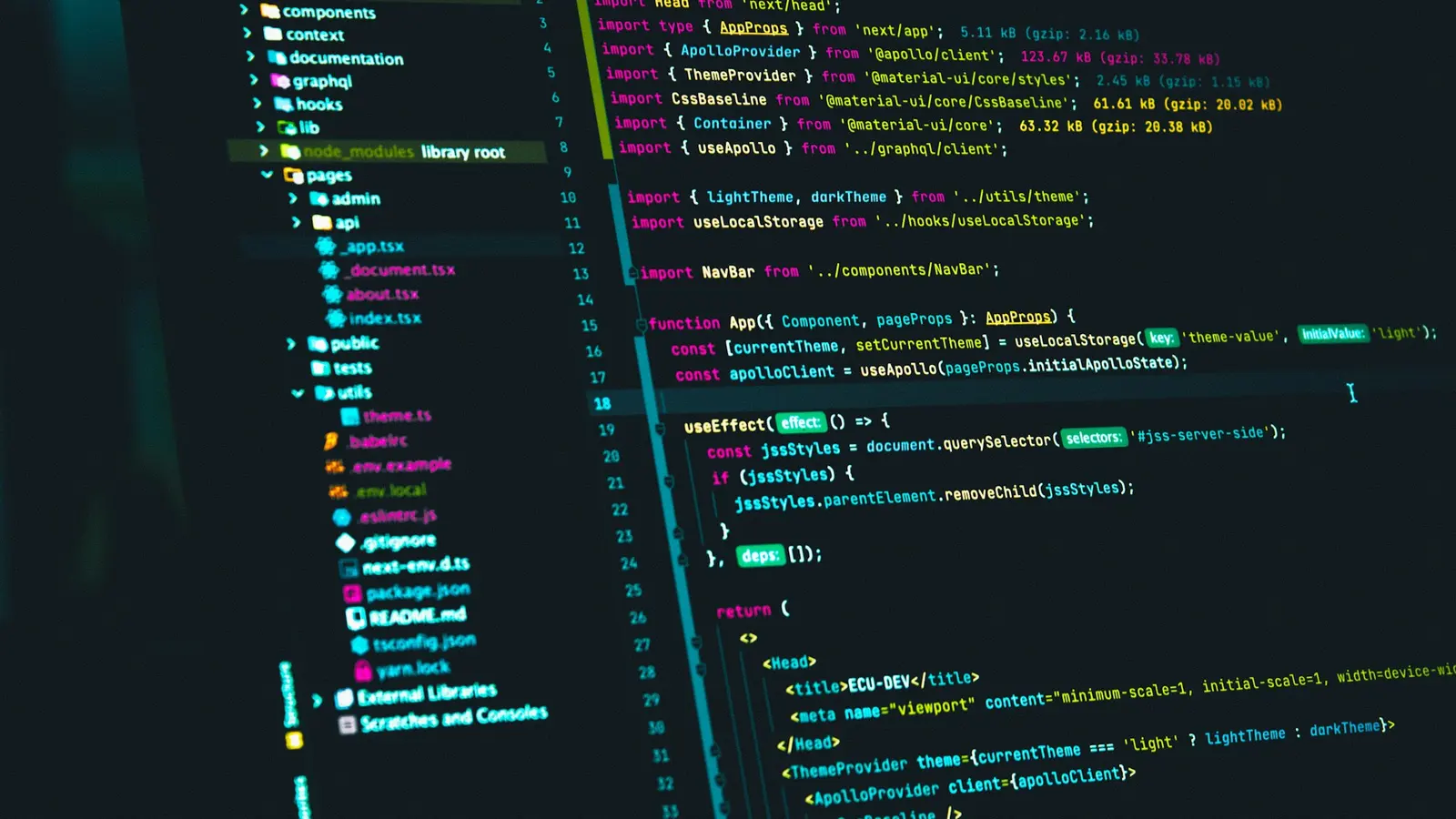 A code editor showing React source code and a file tree on a dark screen